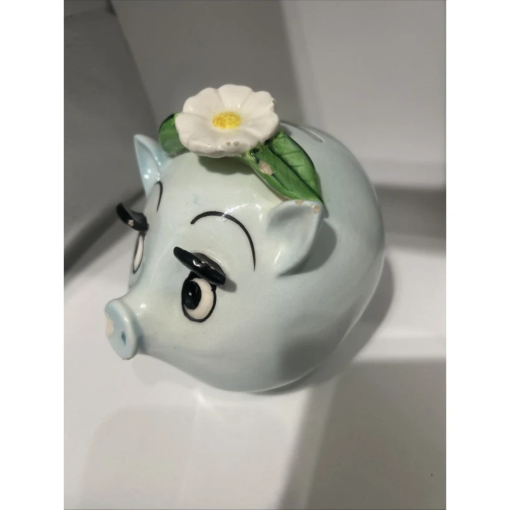 Ceramic Anthropomorphic Blue Piggy Bank Daisy Flower Long Eyelashes Vintage